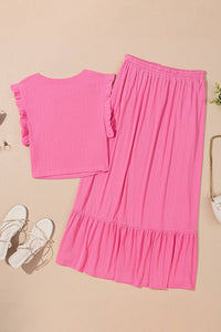 Pink Textured Ruffled Crop top & Long Skirt Set