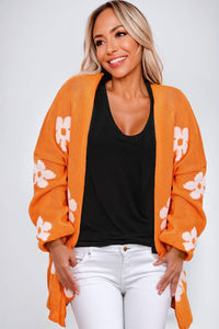 Orange Floral Print Open Front Cardigan