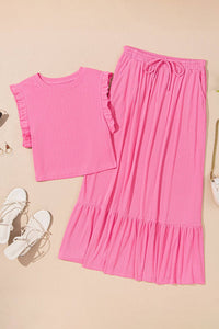 Pink Textured Ruffled Crop top & Long Skirt Set