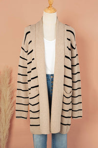 Striped Open Neck  Pockets  Cardigan